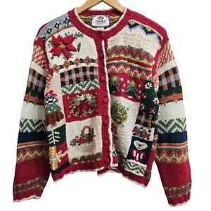 TIARA Womens Vintage 90s Christmas Holiday Embroidered Knit Cardigan Sweater MP